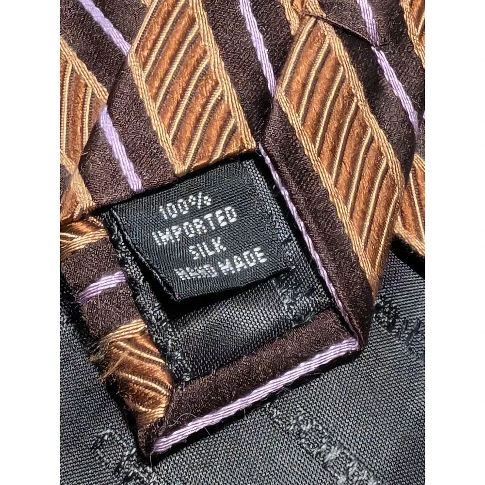 Claiborne Necktie Brown‎ Bronze Lavender Striped Silk Hand Made Classic Tie